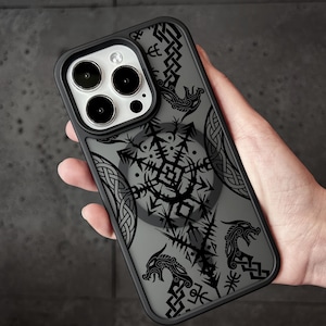 Nordic Pattern iPhone 16 Pro Max Case, Viking Symbols Phone Cover for iPhone 15 with MagSafe Samsung S24 FE S25