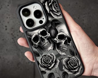 Gothic Skull Phone Case Rose iPhone 16 Pro Max Case, Dark Floral Skull Cover for iPhone 15 with MagSafe Samsung Custom Case S24 Ultra S25 SE