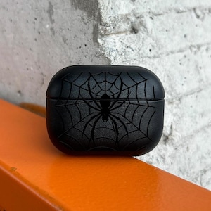 Spider Web AirPods Case, Dark Gothic AirPods Pro Eco Leather, Spider Engraved AirPods Cover for AirPods 2 3 4 Pro/Pro 2