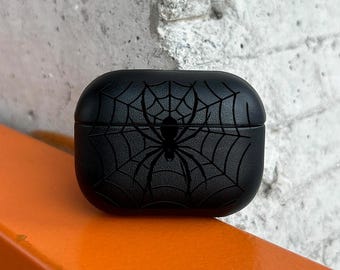Spider Web AirPods Case, Dark Gothic AirPods Pro Eco Leather, Spider Engraved AirPods Cover for AirPods 2 3 4 Pro/Pro 2