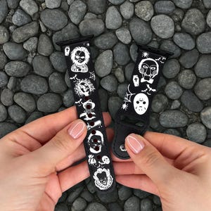 Horror Movie Villains Apple Watch Series 11 Band 40 41 42 mm, Scary Face Vegan Leather iWatch Strap 44mm 46mm 49mm Dark Art Watch Band