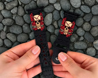 Skull Mask Apple Watch Series 11 armband 40 41 42 mm, rött demon gotiskt veganskt läder iWatch-armband 44 mm 46 mm 49 mm Dark Art Warrior klockarmband