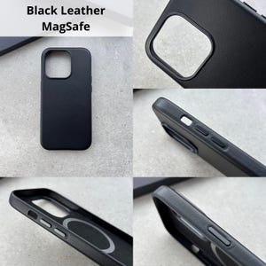 a series of photos showing different angles of a black leather case