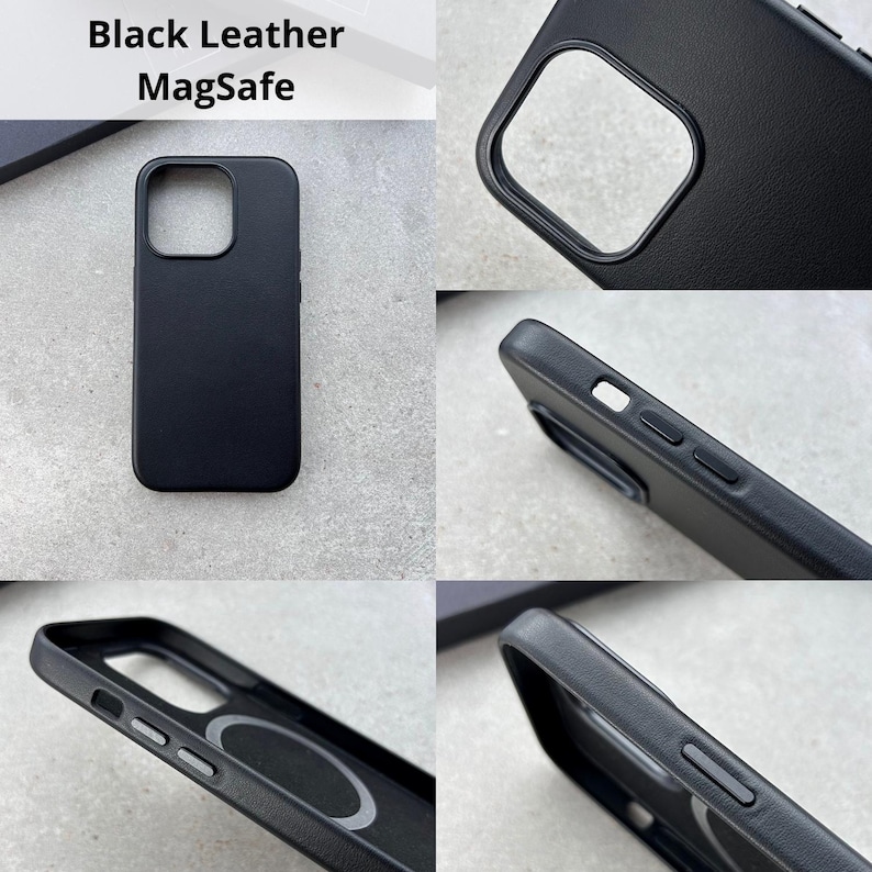 a series of photos showing different angles of a black leather case