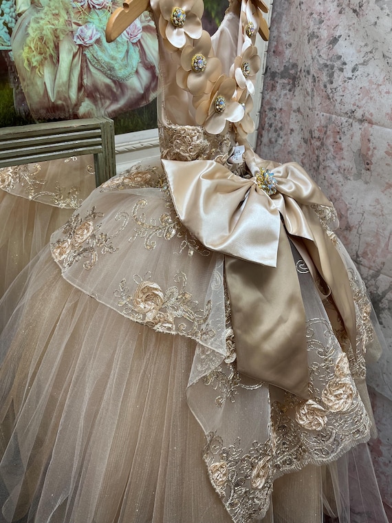 Champagne Flower Girl Dress With Flower Shoulders - Etsy