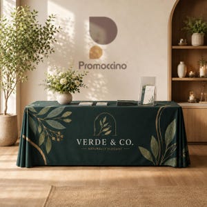 May include: A dark green rectangular tablecloth featuring a gold leaf pattern on the sides and the text VERDE & CO. NATURALLY ELEGANT centered on the front. The fabric drapes over a table, displaying a botanical design with gold line accents.