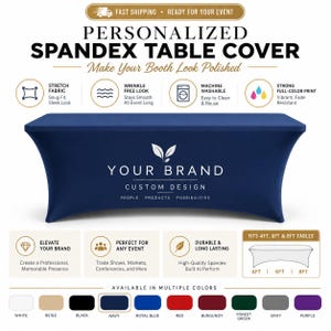 May include: A navy blue personalized spandex table cover featuring a white logo and the text YOUR BRAND CUSTOM DESIGN PEOPLE PRODUCTS POSSIBILITIES. The cover is designed for 4ft, 6ft, and 8ft tables, offering a stretch fabric, wrinkle-free look, and machine-washable material with full-color printing.