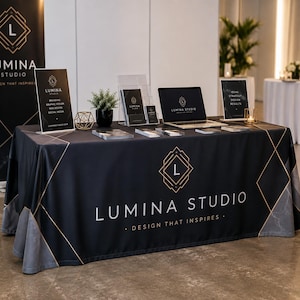 May include: A black trade show table cover featuring a gold geometric logo and the text Lumina Studio Design That Inspires. The table displays a laptop, brochures, a small potted plant, a gold wire frame, and signage with the Lumina Studio logo.