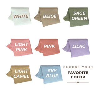 May include: A collection of eight folded ribbed fabric swatches in white, beige, sage green, light pink, pink, lilac, light camel, and sky blue. Each swatch is labeled with its corresponding color name in white text. The image includes the text CHOOSE YOUR FAVORITE COLOR.