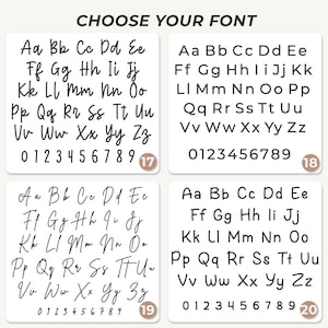 May include: A font selection chart titled CHOOSE YOUR FONT featuring four distinct black typeface styles labeled 17, 18, 19, and 20. Each section displays the full uppercase and lowercase English alphabet and the numbers 0 through 9 in a unique script or print style.