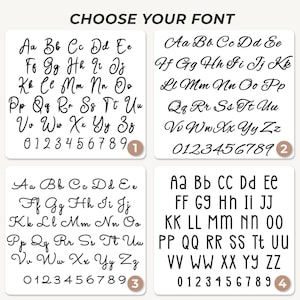 May include: A white chart displaying four distinct black font styles labeled 1 through 4. Each section includes the full alphabet in uppercase and lowercase letters, along with the numbers 0 through 9. The text CHOOSE YOUR FONT is centered at the top.