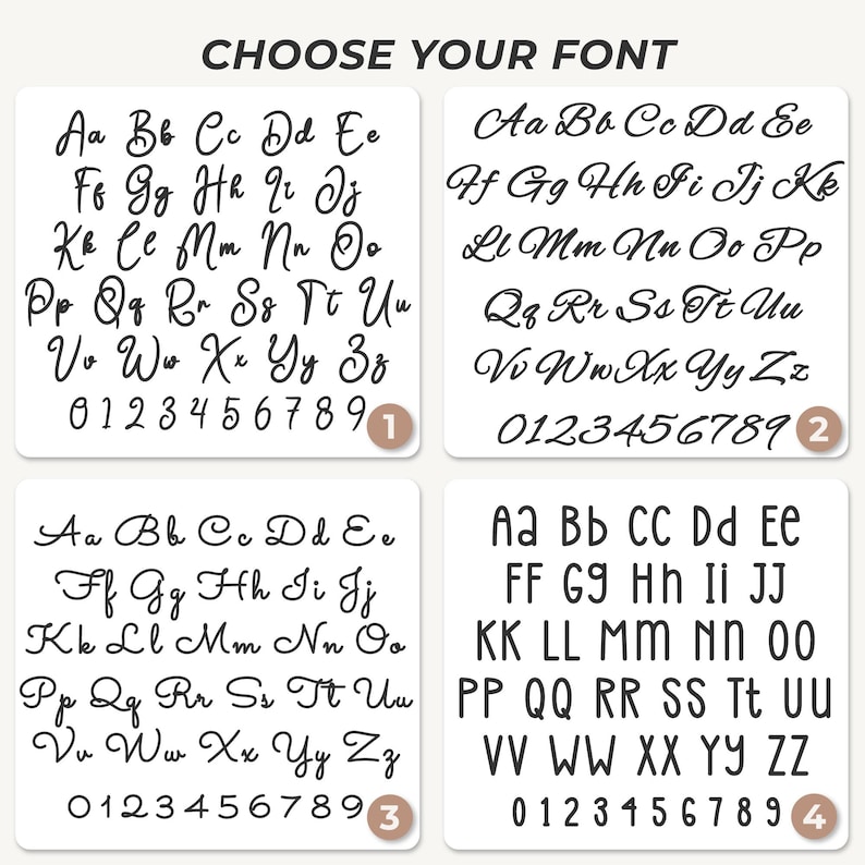 May include: A white chart displaying four distinct black font styles labeled 1 through 4. Each section includes the full alphabet in uppercase and lowercase letters, along with the numbers 0 through 9. The text CHOOSE YOUR FONT is centered at the top.