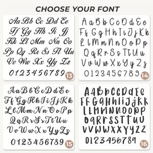 May include: A white rectangular chart titled CHOOSE YOUR FONT displaying four distinct black typeface sets labeled 13, 14, 15, and 16. Each set includes uppercase and lowercase letters from A to Z and numerals 0 through 9 in various script and print styles.