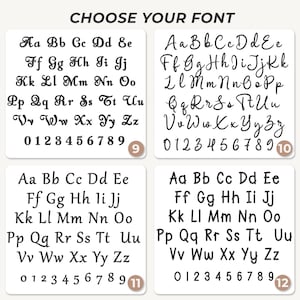 May include: A font selection chart titled CHOOSE YOUR FONT featuring four distinct black typeface styles labeled 9, 10, 11, and 12. Each section displays the complete uppercase and lowercase alphabet from A to Z and the numbers 0 through 9 in black.