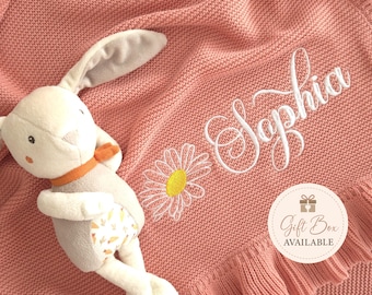 Personalized Embroidered Cotton Knit Baby Blanket, OEKO-TEX Certified Newborn Gift