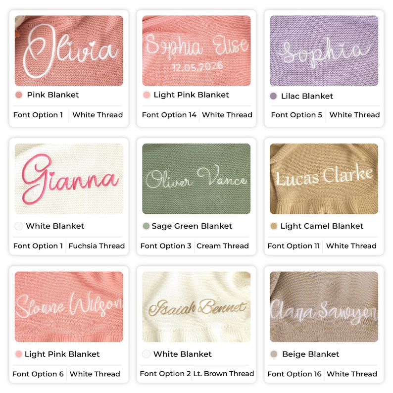 May include: A collection of nine knitted blankets in various colors including pink, light pink, lilac, white, sage green, light camel, and beige. Each blanket features personalized embroidery with names like Olivia, Sophia, Gianna, Oliver Vance, Lucas Clarke, Sloane Wilson, Isaiah Bennet, and Clara Sawyer in different font styles and thread colors.