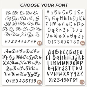 May include: A set of four square stencils labeled 13, 14, 15, and 16, each displaying the full alphabet in uppercase and lowercase letters along with numbers 0 through 9 in distinct black typography styles under the heading CHOOSE YOUR FONT.