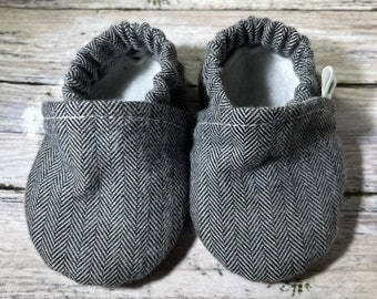 Lighter Gray Flannel Herringbone Baby Shoes, Baby Slippers, Baby Moccs, Crib Shoes