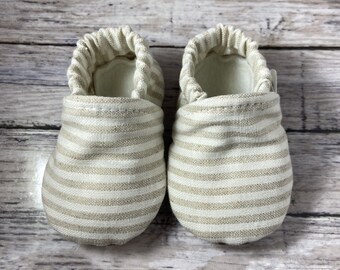 Faded Tan Stripes Baby Shoes, Baby Slippers, Baby Moccs, Crib Shoes