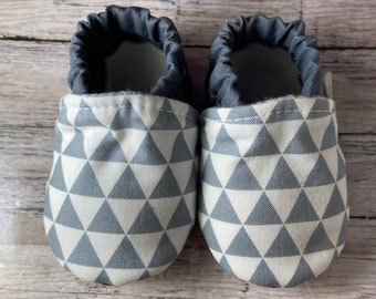 Gray And White Triangles Baby Shoes, Baby Slippers, Baby Moccs, Crib Shoes
