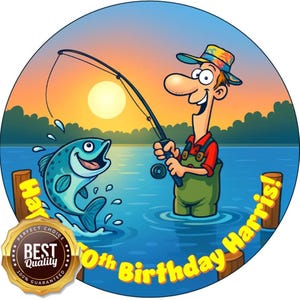 Fishing Theme Edible Cake Topper – Personalised – Icing Sheet or Wafer Card