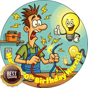 Electrician Themed Edible Cake Topper – Personalised – Icing Sheet or Wafer Card
