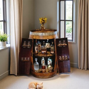 Rustic Whisky Barrel Drinks Cabinet &ndash; Handmade Oak Barrel Bar, Double Door Liquor Storage Unit for Living Room image 1