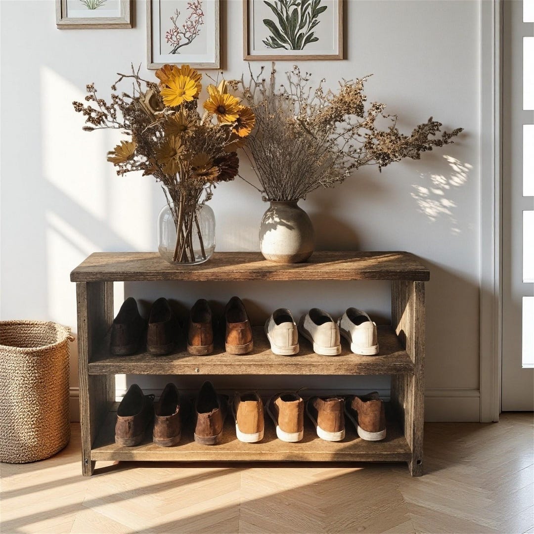 Vintage Farmhouse Entryway Shoe Rack – Rustic Hallway Organizer Bench ...