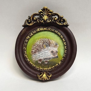 Framed Hedgehog Oil Painting: Signed Original Canvas Art