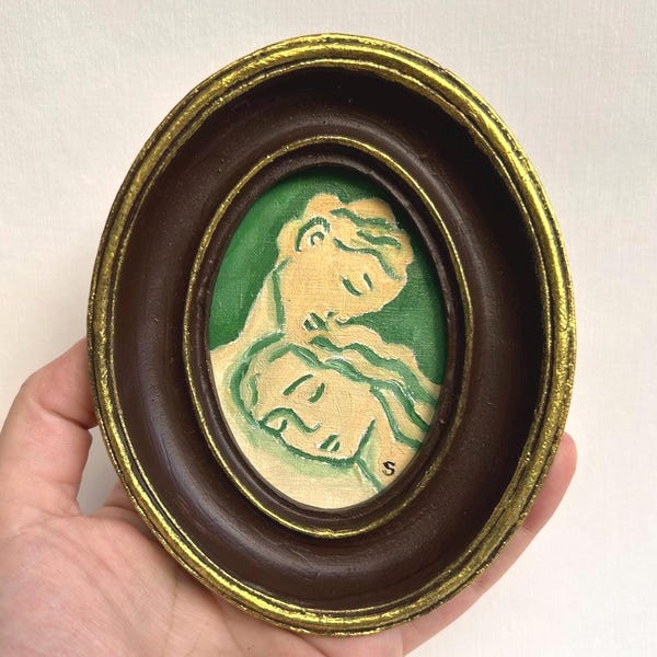 Signed Lovers Abstract Oil Painting, Framed Vintage Canvas Art (4x5)