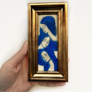 Miniatur Abstrakte Drei Frauen Ölgemälde, Eingerahmt Figurale Kunst