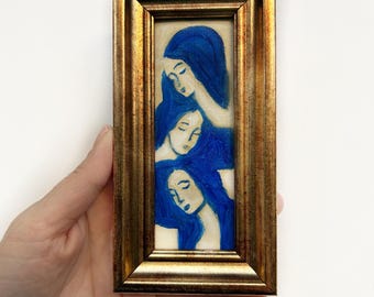 Miniatur Abstrakte Drei Frauen Ölgemälde, Eingerahmt Figurale Kunst