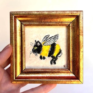 Bee Cat Cute Funny Original Signed Oil Painting 4x4,framed, handmade, small oil painting, vintage canvas art, gift for , cute painting