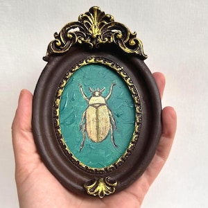 Framed Ancient Egypt Bug Oil Painting: Signed Vintage Canvas Art