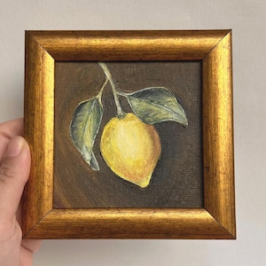 Original signed still life lemon oil painting with vintage frame,handmade,small painting,vintage art,gift for ,painting for kitchen