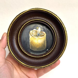 Framed Burning Candle Oil Painting 4x4: Vintage Romantic Art