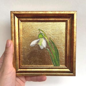 Snowdrop Flower Oil Painting with Gold Leaf: Framed Miniature Still Life