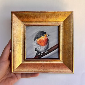 Original signed Robin bird oil painting 4x4,framed handmade canvas painting, small oil painting, vintage canvas art, gift for , bird lovers