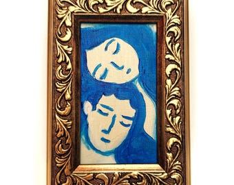 Signed Lovers Abstract Oil Painting, Framed Vintage Canvas Art (4x5)