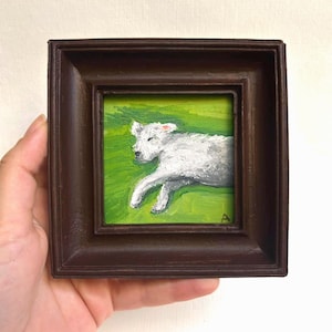 Signed Sleeping Dog Oil Painting - Framed Miniature Canvas Art
