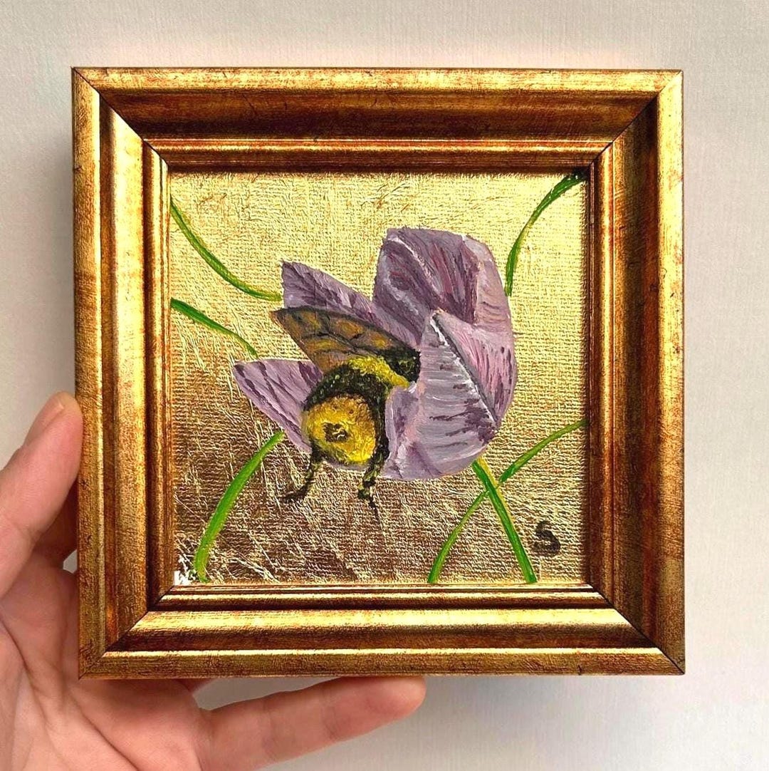 Original Signed Honey Bee Oil Painting on Gold Leaf: Framed Canvas Art ...
