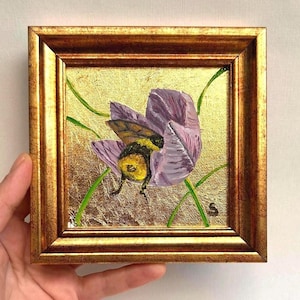 Original Signed Honey Bee Oil Painting on Gold Leaf: Framed Canvas Art