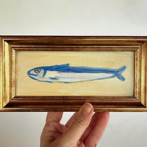 Miniature Abstract Fish Oil Painting, Framed Figural Art (4x8)