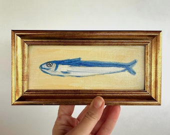Miniature Abstract Fish Oil Painting, Framed Figural Art (4x8)