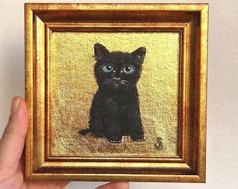 Miniature Black Cat Painting on Gold Leaf: Framed Original Art