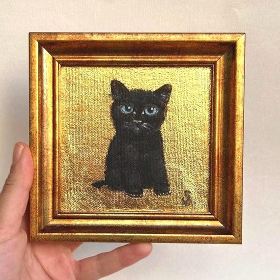 Miniature Black Cat Painting on Gold Leaf: Framed Original Art