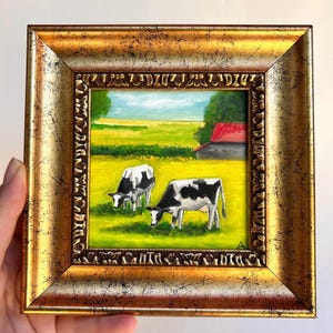 Original Cow Painting With Frame: Small Handmade Farm Art