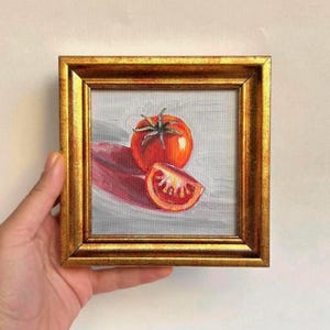 Tomato Oil Painting, 4x4 Inches Original Signed Miniature Framed Art, Retro Kitchen Decor, Dining Room Decor, Still Life Oil Painting