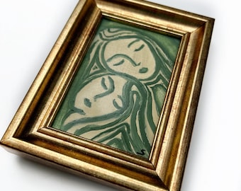 Signed Sisters Abstract Oil Painting, Framed Vintage Canvas Art (4x5)