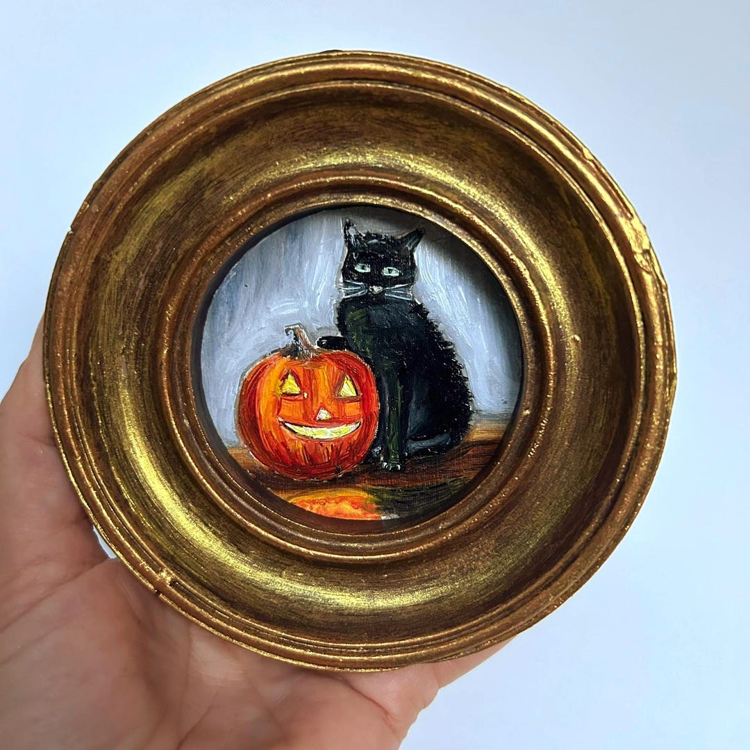 Framed Black Cat & Pumpkin Oil Painting | Small Halloween Wall Art, 4x4
